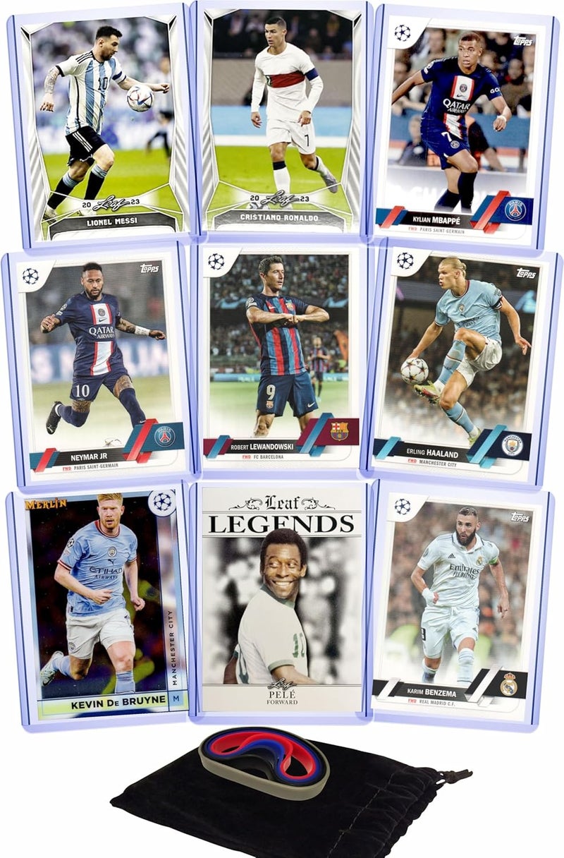 Chaser Soccer Cards: Lionel Messi, Cristiano Ronaldo, Kylian Mbappe, Robert Lewandowski, Erling Haaland, Neymar Jr., Pelé, Karim Benzema, Kevin de Bruyne (9) Assorted Top Star Soccer Cards &/or Sticker Card Gift Pack - Image 1